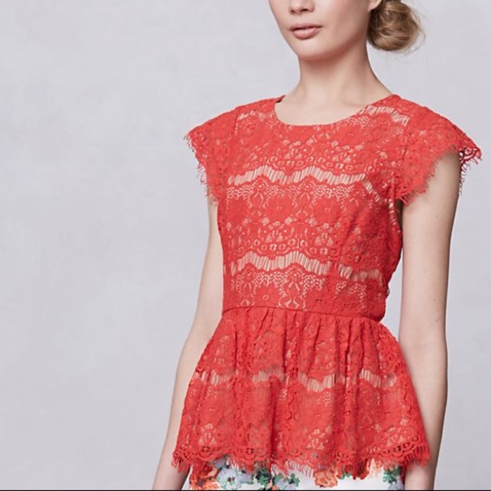Anthro Maeve Red Lace Peplum Top